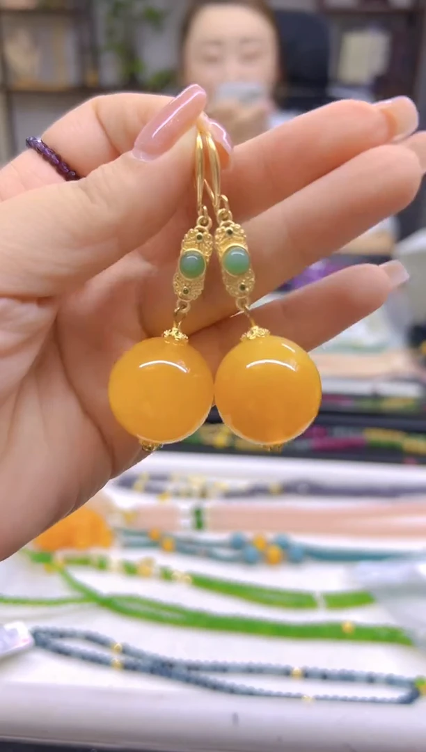 14K金镶嵌蜜蜡耳饰DIY款E603