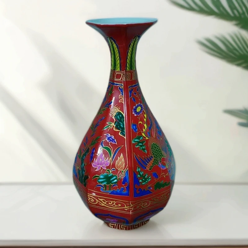 陶瓷中式仿古八方瓶红色 客厅玄关装饰花瓶摆件#3366