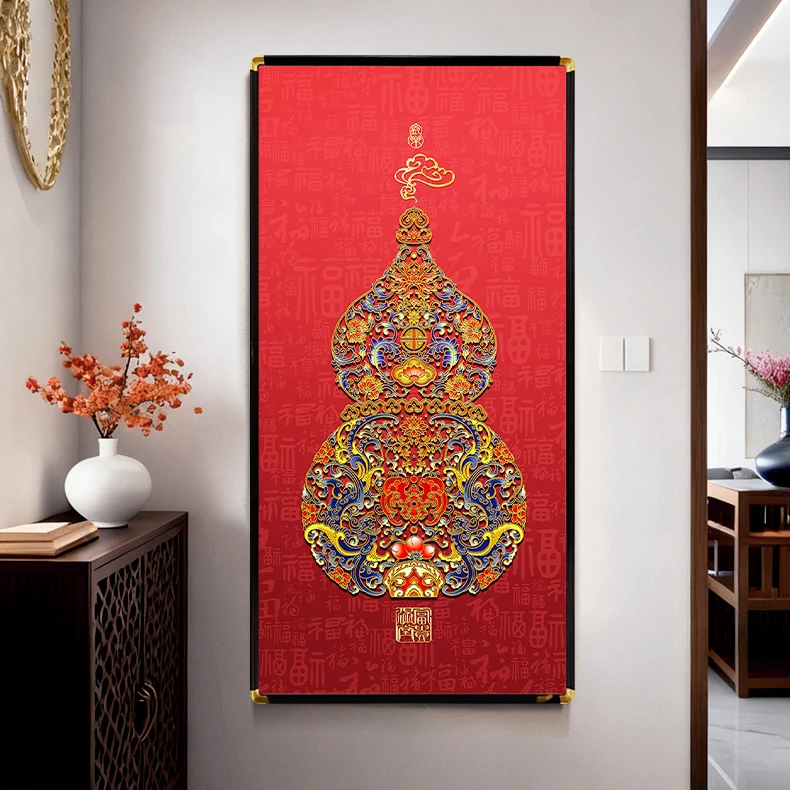 福禄寿葫芦新中式皮雕烫金工艺高端玄关走廊装饰画TL