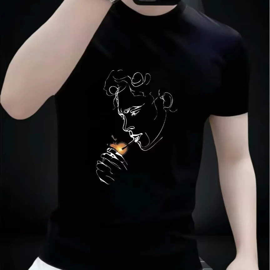 2025新款时尚潮流休闲男士百搭修身圆领弹力印花短袖