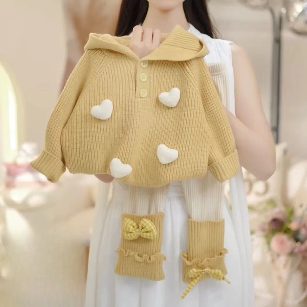 女宝宝套装春秋季甜美洋气爱心连帽毛衣蝴蝶结打底裤超萌两件套潮