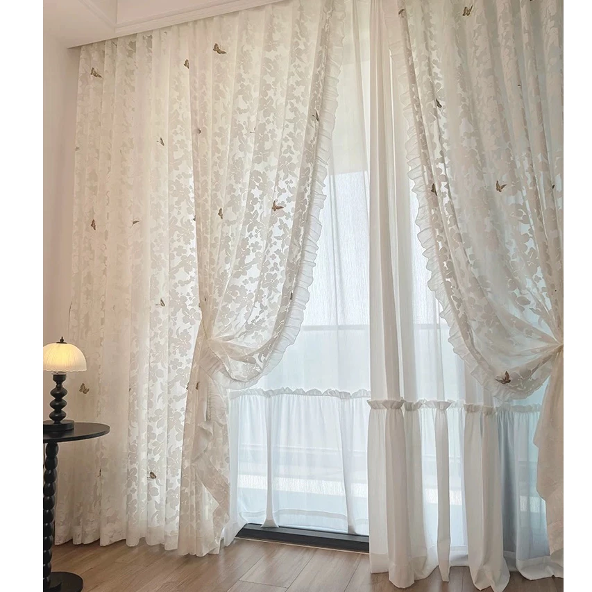 法式窗帘纱帘透光不透人窗纱复古客厅蝶之影刺绣蝴蝶加厚半遮光