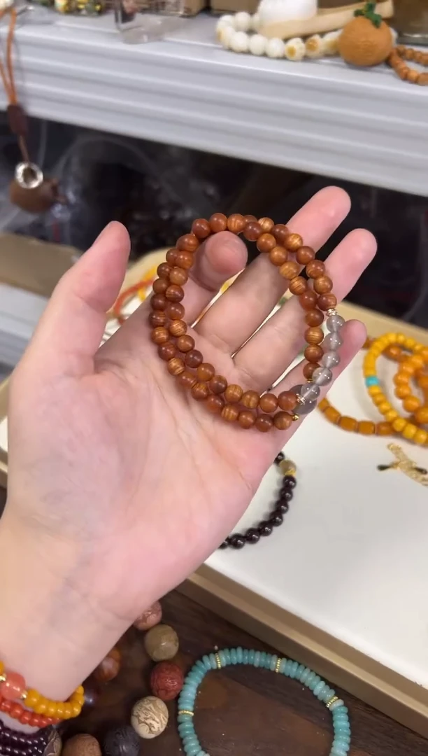 未镶嵌柏木（崖柏）手串红油崖柏玛瑙珠双圈手链[1063]