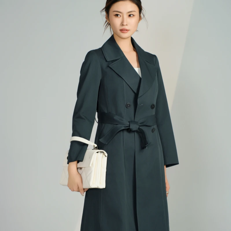 博深2025法式复古经典双排扣风衣外套年中长款春季