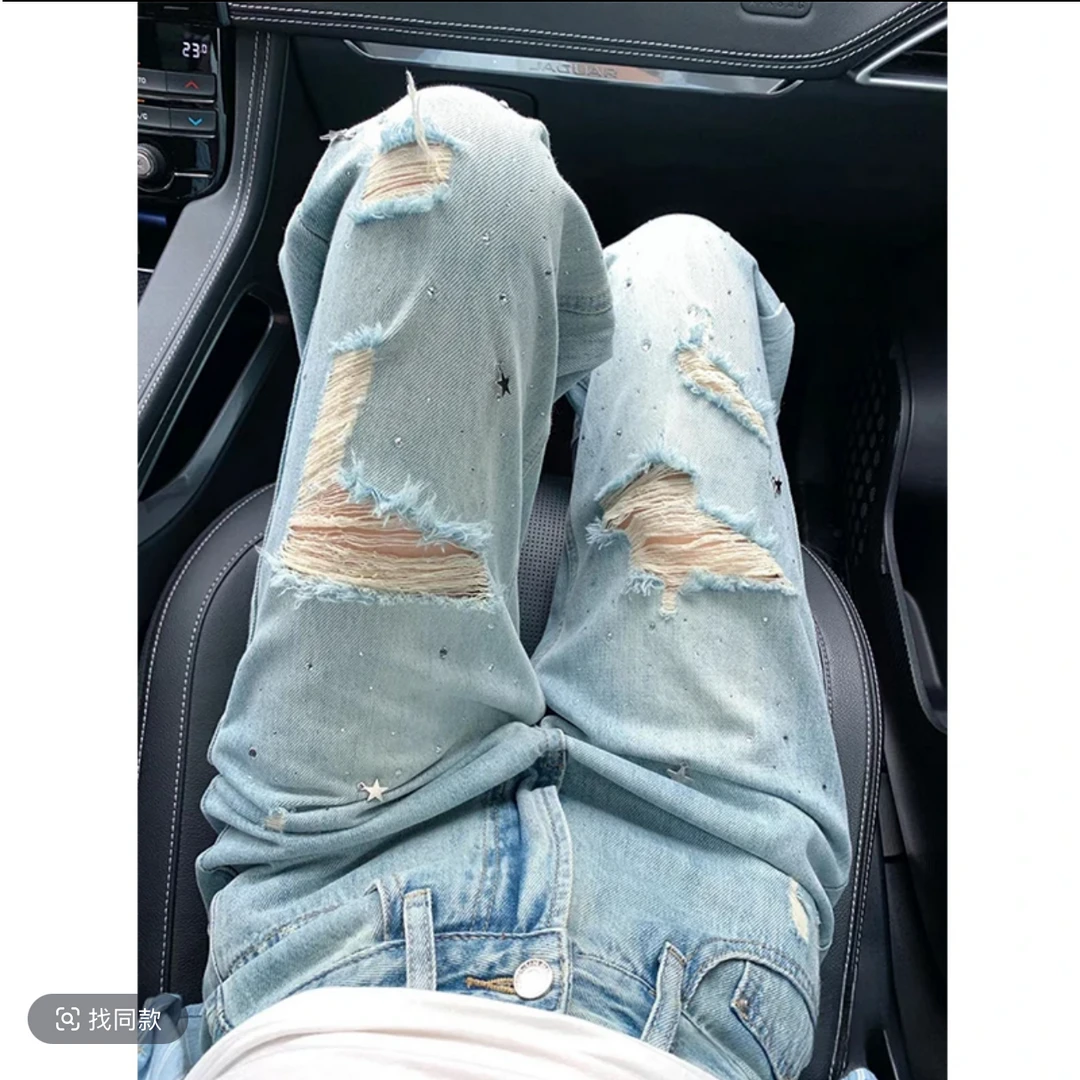 高个子175加长版破洞窄版直筒牛仔镶钻时尚2025春夏新品拖地女裤