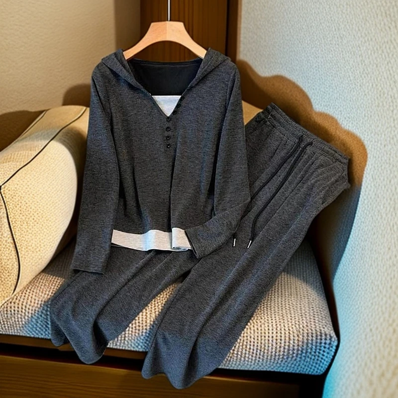 慵懒连帽假两件上衣阔腿裤两件套春秋大码胖休闲气质显瘦保暖内衣