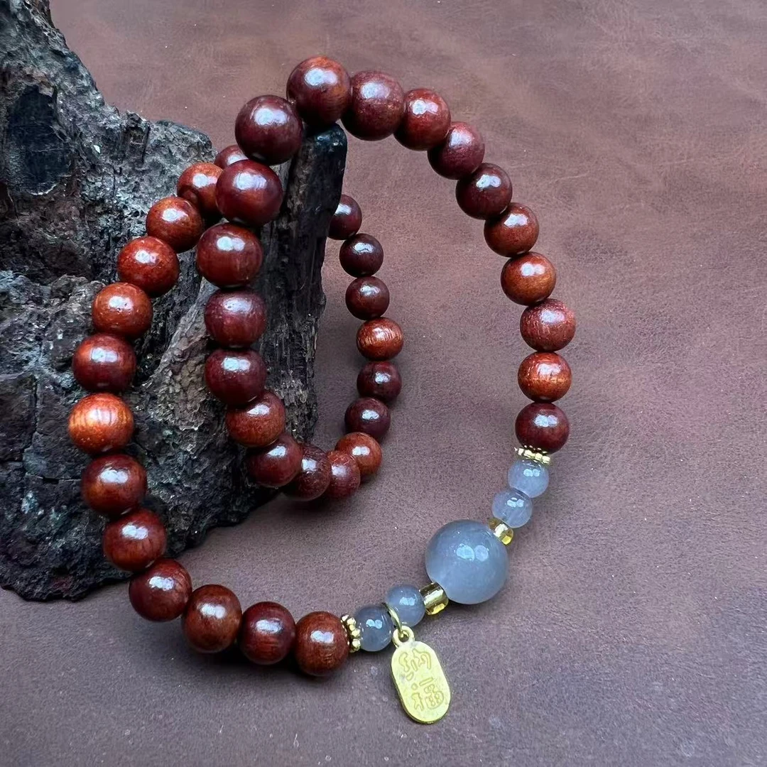 铁合金石英石手链 血檀小福牌双圈-LQ838