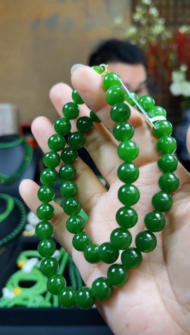 【闪购商品】和田玉（碧玉）项链18K金镶嵌±10mm 俄7精品碧玉项链