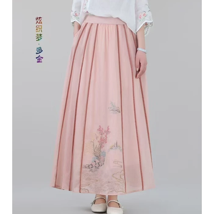 炫织梦松紧带复古风不褪色长裙半身裙汉元素唐装百褶春夏复古