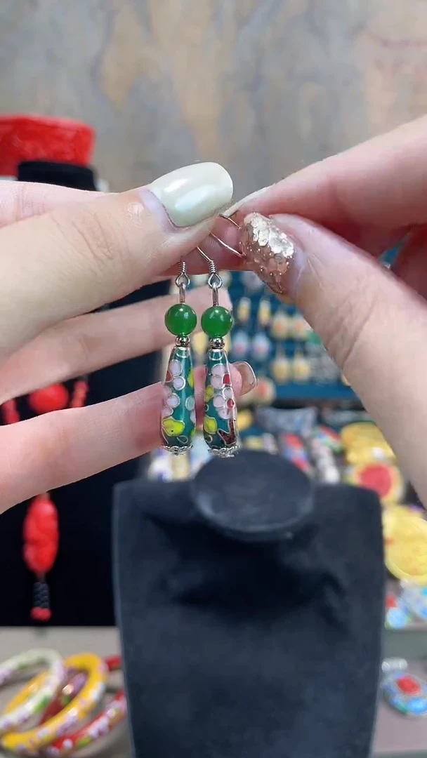 非遗手工景泰蓝耳环水滴绿色