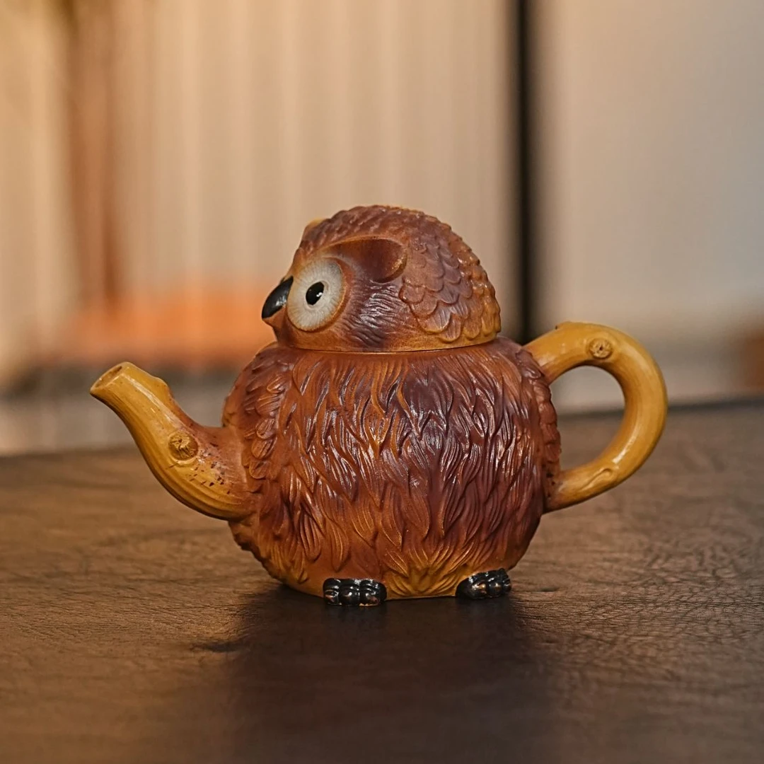 宜兴原矿紫砂黄金段粉浆仿生器猫头鹰茶壶307