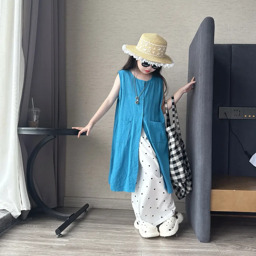 女童韩系无袖背心连衣裙女孩夏季宽松开叉长裙小众叠穿阔腿裤套装