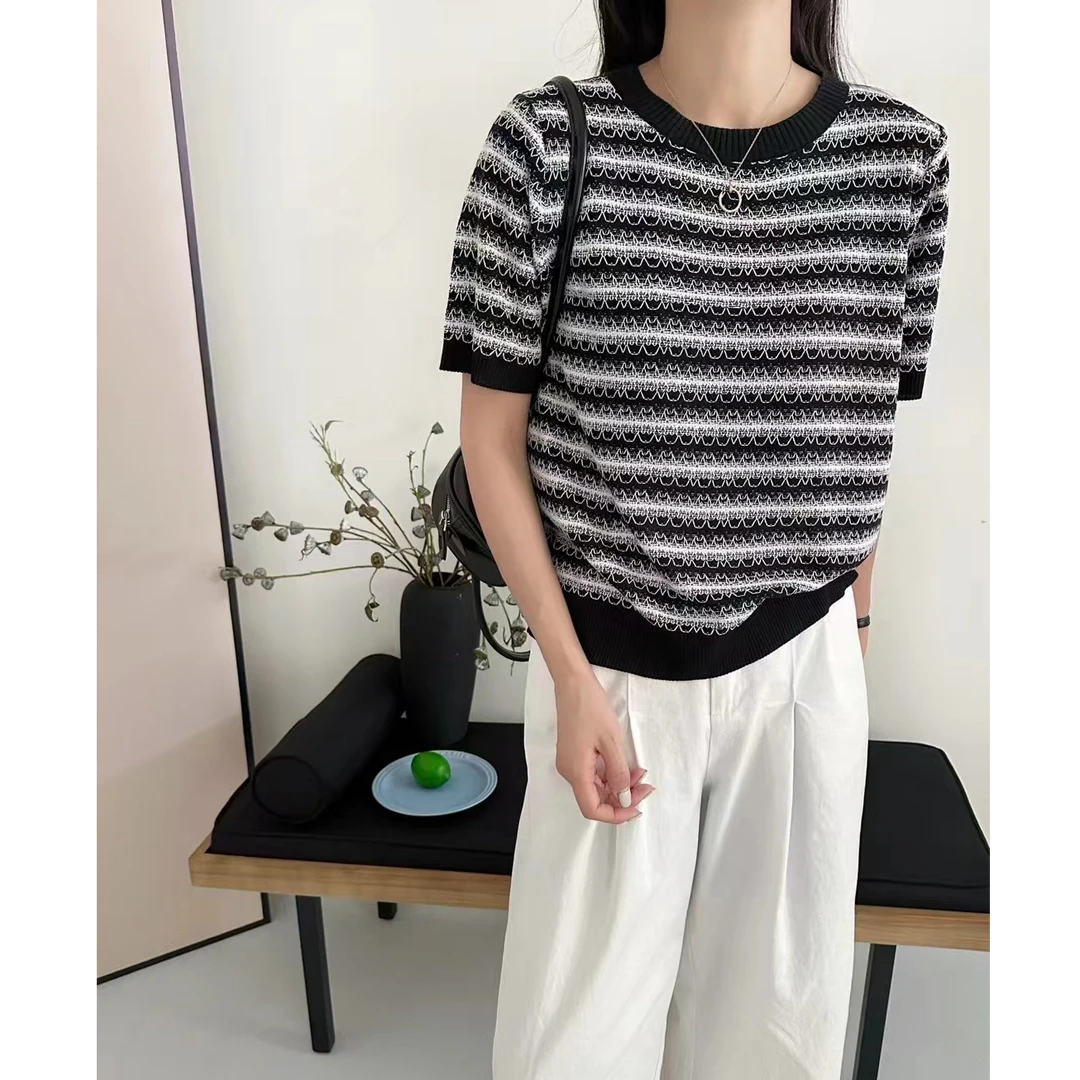 【黑森林】条纹夏季春季短袖女毛针织衫上衣女装圆领百搭镂空黑白