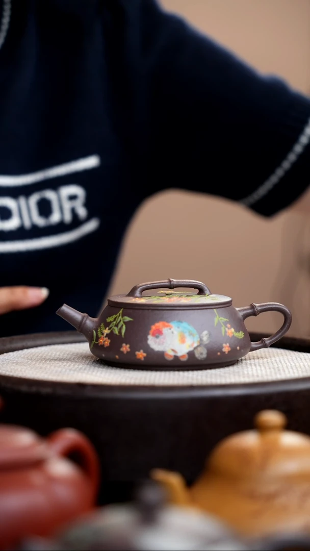 茶壶紫砂天青竹节石瓢泥绘金鱼