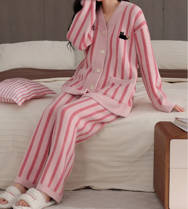 合集冬季睡衣女士条纹半边绒长袖开衫新款保暖甜美家居服休闲套装
