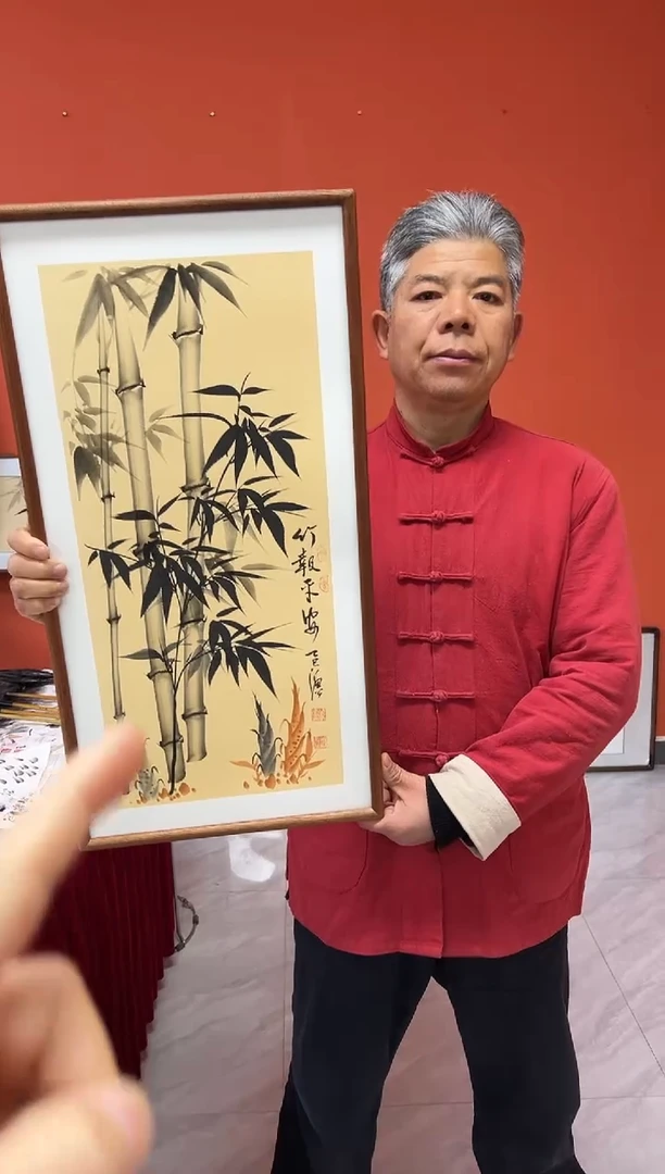 书法张富民手绘作品/竹报平安//古宣（乌檀木外框）35*70cm左右