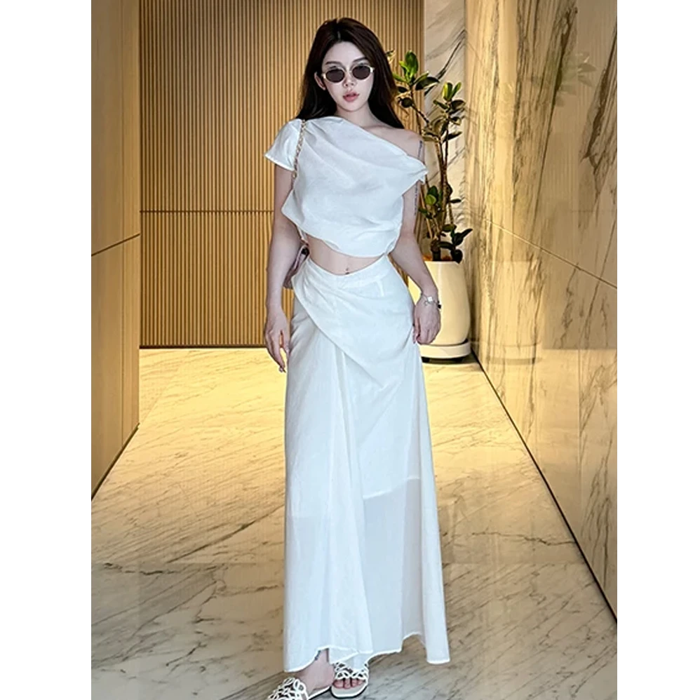 纯欲风白色性感辣妹时尚套装女修身显瘦斜肩上衣高腰半身裙两件套