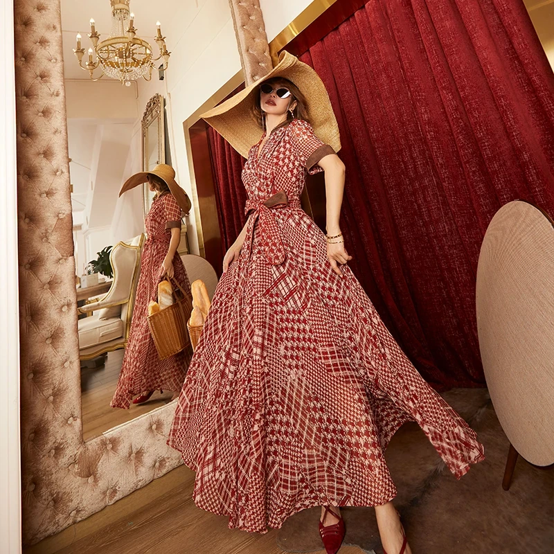 暖长裙夏季宴会树脂固色气质法式优雅长款短袖连衣裙1191