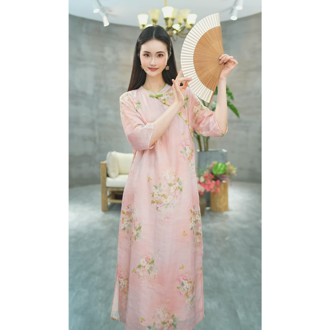 赠李白【桃花笑】100支苎麻大摆裙国风原创设计旗袍宽松盘扣6001