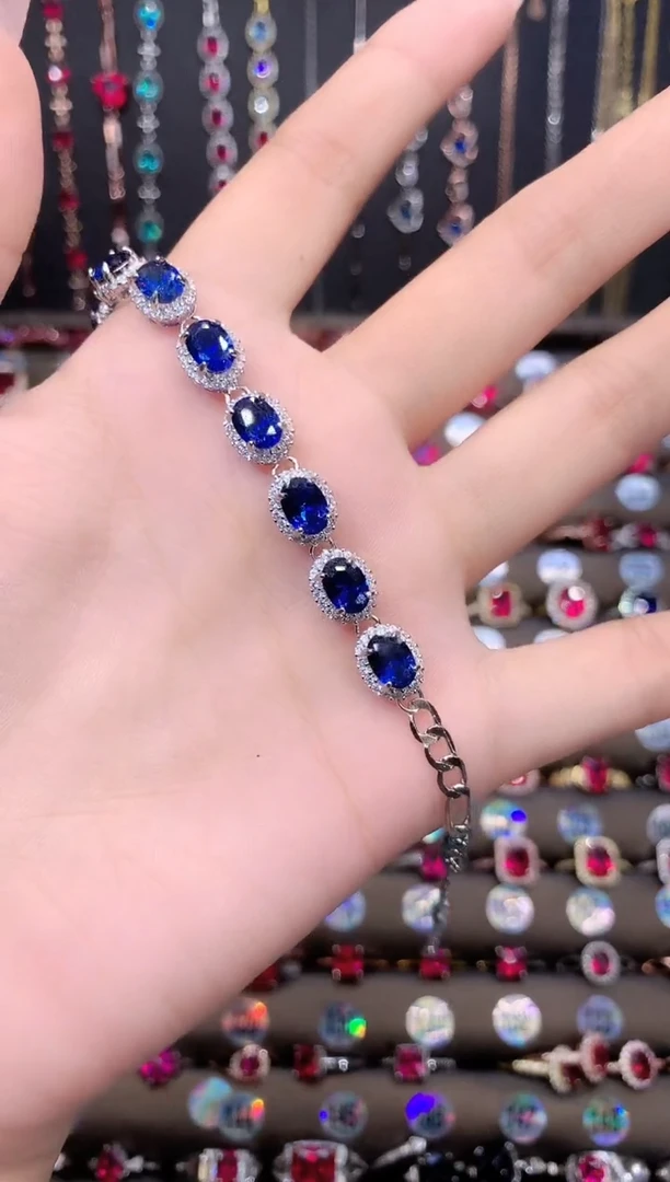 蓝宝石手链银S925镶嵌57银色