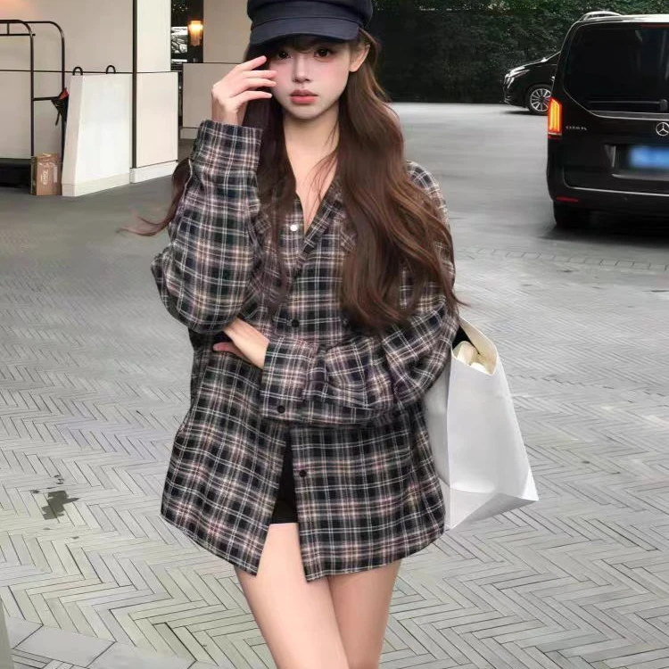 618款复古格子衬衫慵懒风长袖衬衣外搭