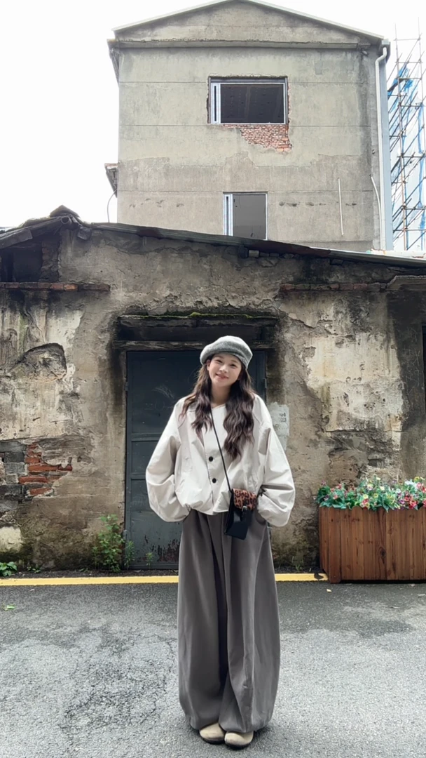 慵懒松弛感穿搭一整套小众设计感宽松夹克外套阔腿休闲裤两件套女