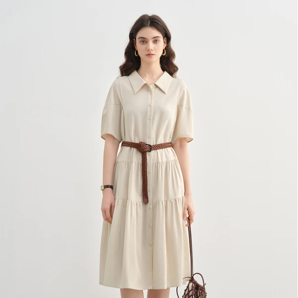 独束大码女装休闲通勤翻领衬衫裙收腰显瘦时尚A字裙25DS82616