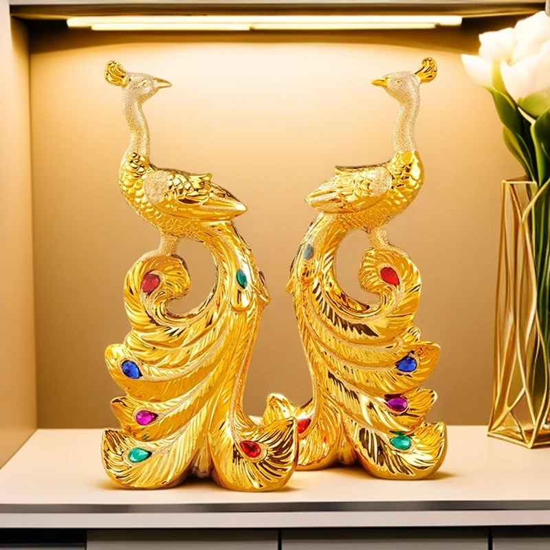 中式陶瓷金孔雀摆件客厅电视柜摆设轻奢高档金色欧式新房装饰品