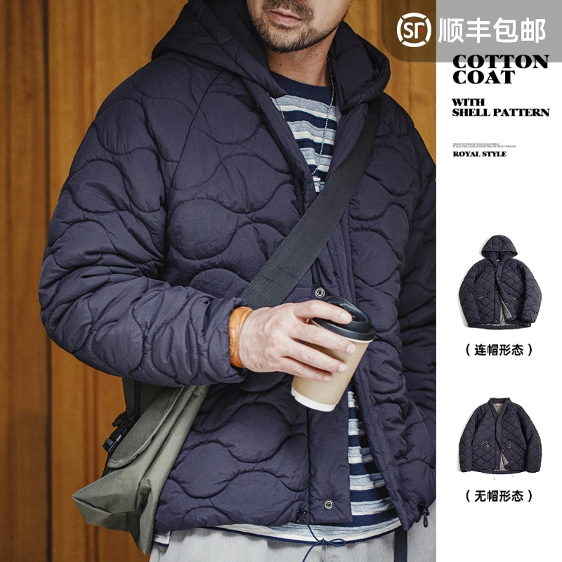 马登工装美式复古贝壳纹连帽棉服可拆卸加棉V领绗缝棉袄外套男冬