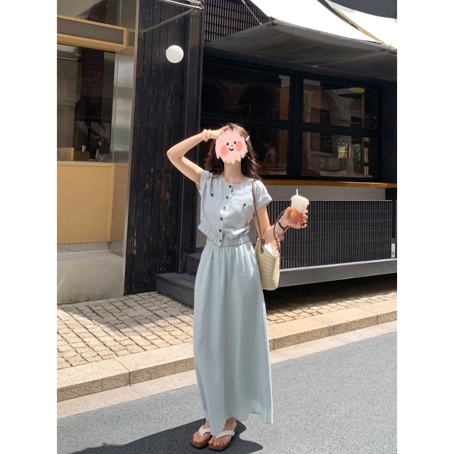 【淡人天菜】小个子夏季新款法式气质女时尚上衣显瘦半身裙两件套装