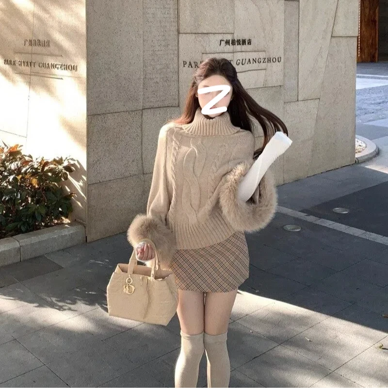 复古洋气高领麻花纹拼接毛绒绒针织衫女2025冬季新款宽松软糯毛衣
