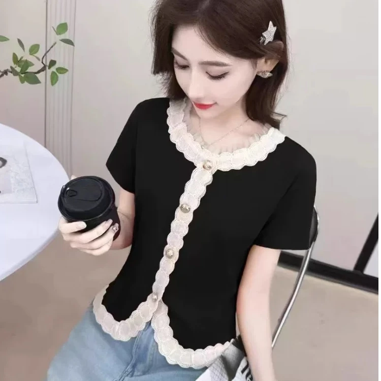 2025夏季新款蕾丝花边小衫时尚气质短袖修身百搭T恤