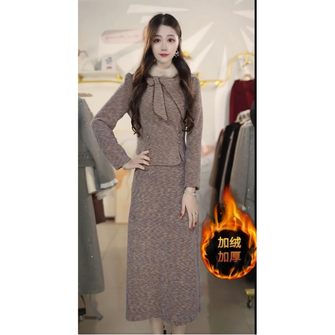 新中式加厚小香风套装2025秋冬新款洋气上衣半身裙两件套Y8711101