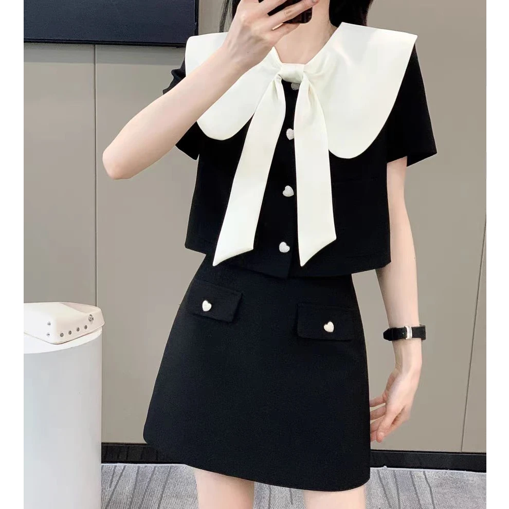 （80-200斤）减龄套装夏学院风娃娃领上衣短裙气质小香风两件套1755
