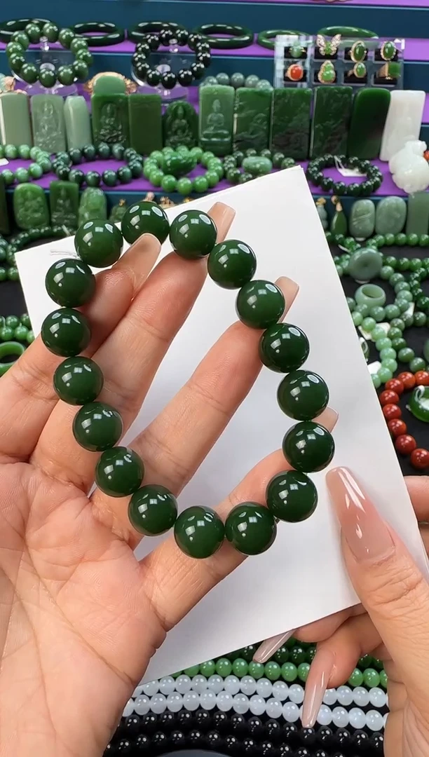 未镶嵌手串和田玉卡12菠菜绿单圈手串