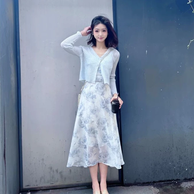 法式通勤时尚套装连衣裙气质女装开衫针织夏季长袖显瘦碎花仙女