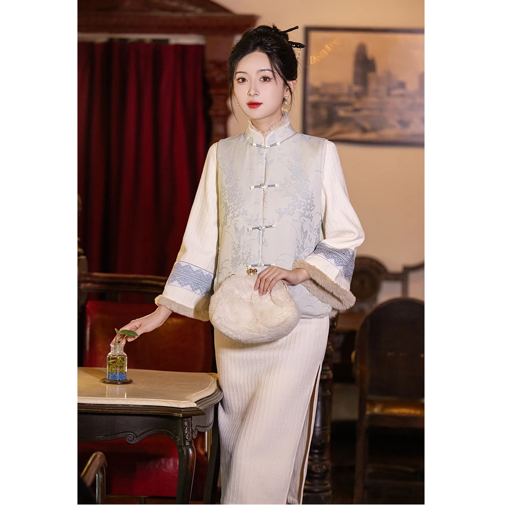 新中式冬款加绒旗袍马甲两件套素雅端庄淑女气质加厚改良版日常款