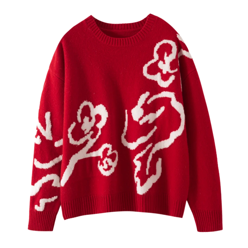 过年好玲珑闹春圆领羊毛衫100%澳洲美丽诺羊毛毛衣红色女士秋冬