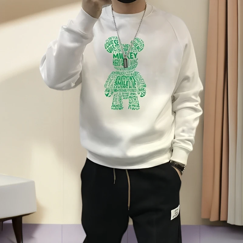 高端品质男装潮牌小熊图案圆领卫衣男秋冬简约套头休闲上衣情侣装
