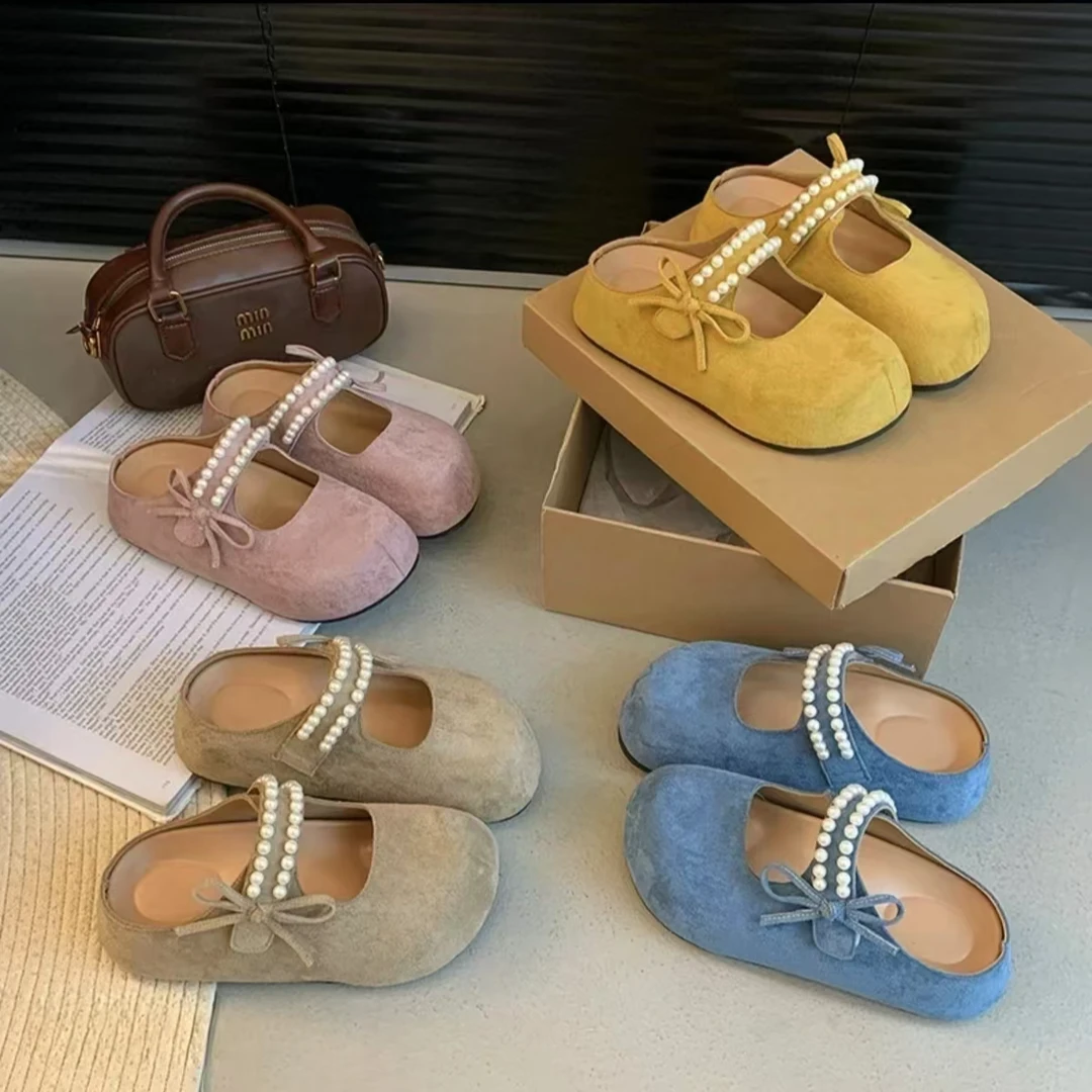 包头半拖鞋女夏季外穿2025年新款珍珠厚底一脚蹬平底凉拖懒人凉鞋