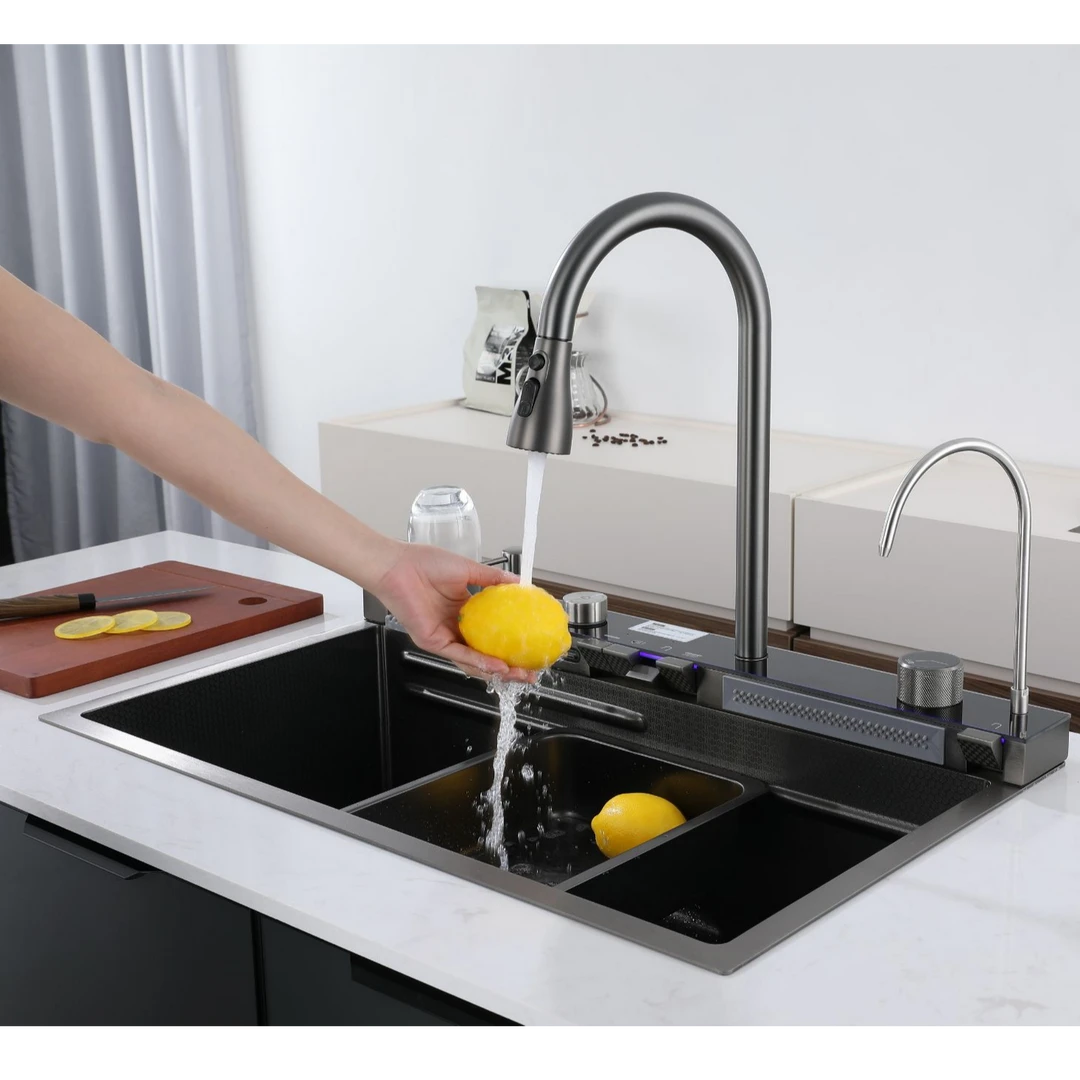 IBEY爱呗-AB7546纳米黑金刚+铜芯分体龙头 瀑布水槽