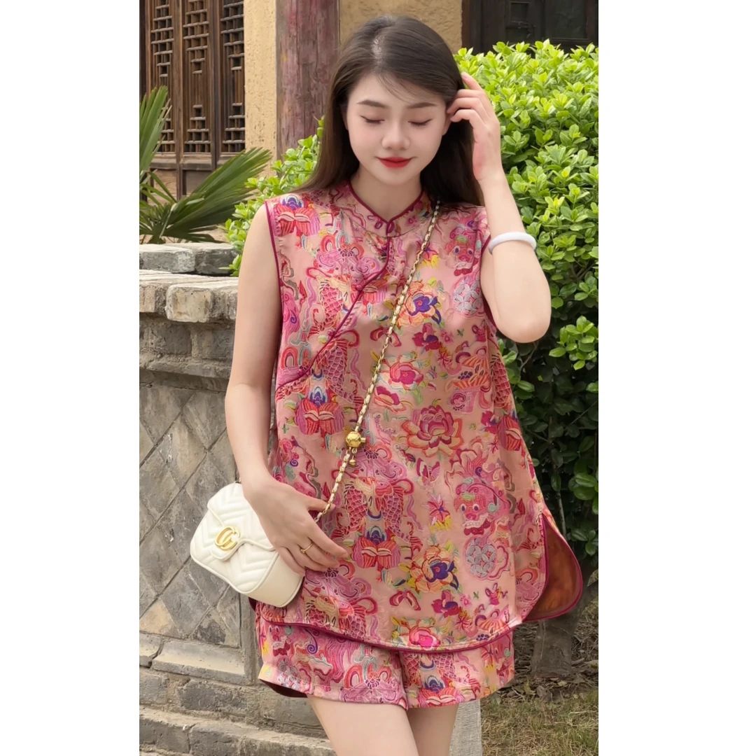 夏季新中式时尚套装民族风夏季国风时尚中国风两件套背心短裤