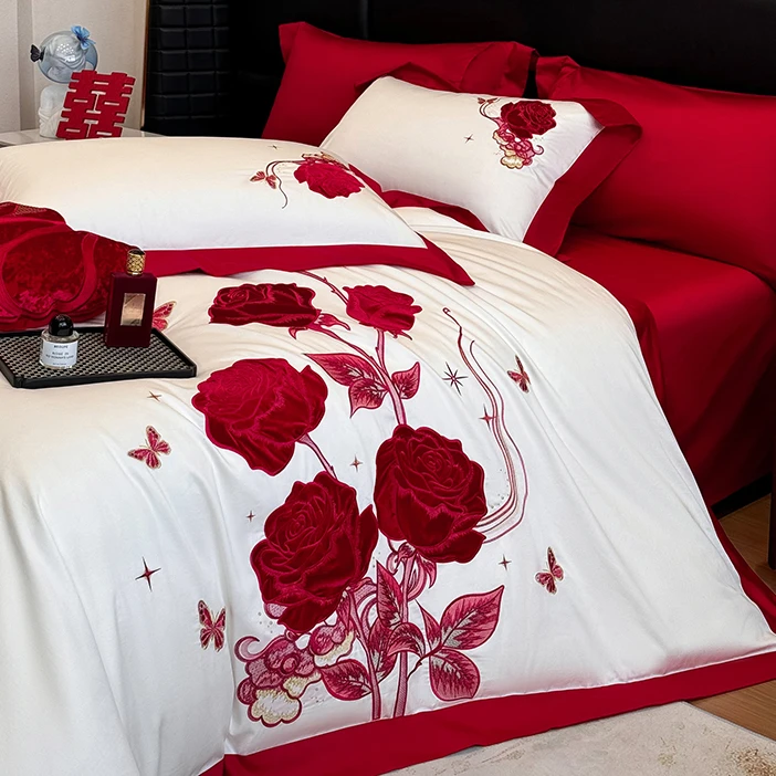 红色结婚用100S长绒棉四件套玫瑰贴布绣纯棉喜被套婚庆送新人床品