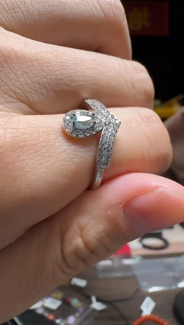 【闪购商品】碧玺戒指银S925镶嵌水滴形蓝碧玺活口S925银