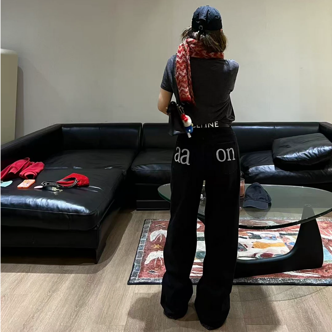 YOON深圳原创【口袋牛仔】设计感后字母印花加绒直筒牛仔裤