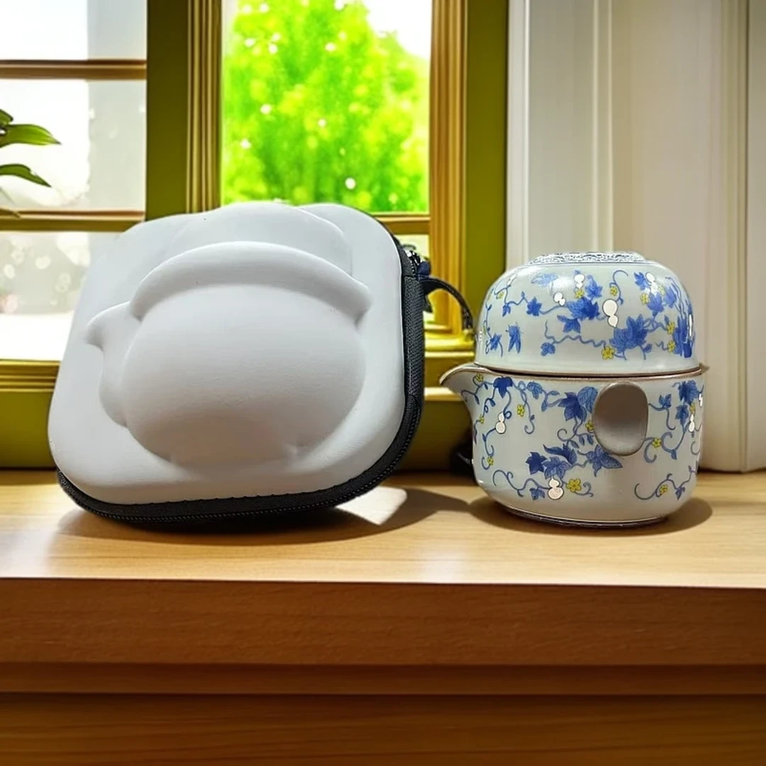 【沉鱼】掐丝银福禄双全汝窑一壶二杯便携式户外家用旅行茶具-B0084