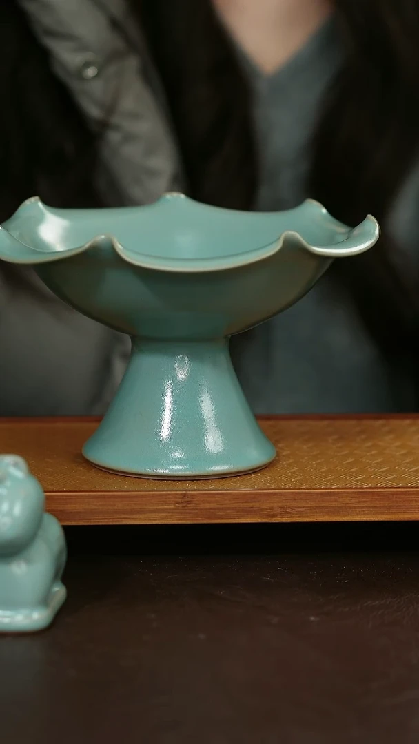 摆件瓷汝宋汝瓷原矿釉 高足盘