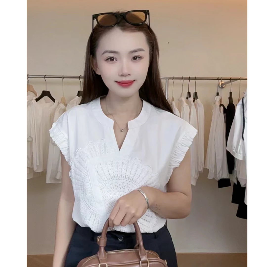 075百搭蕾丝装饰短袖衬衫女夏季上衣