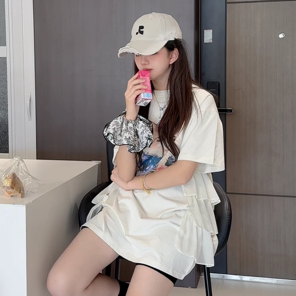 跳跳鱼青少年装 2025夏季高级冰丝感时尚气质蕾丝拼接T恤裙279099