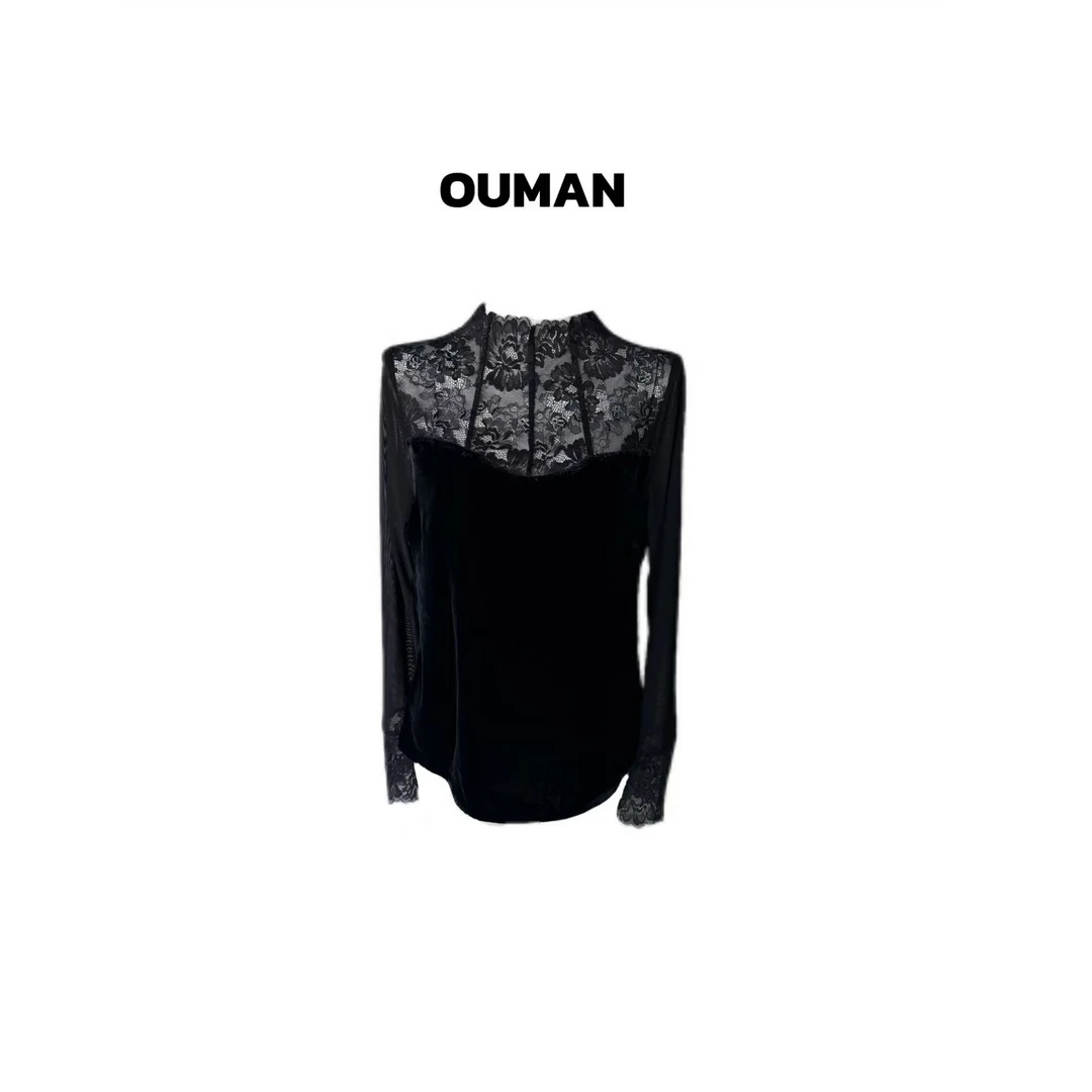 欧漫家【蕾丝双拼】定制丝绒拼网纱打底衫